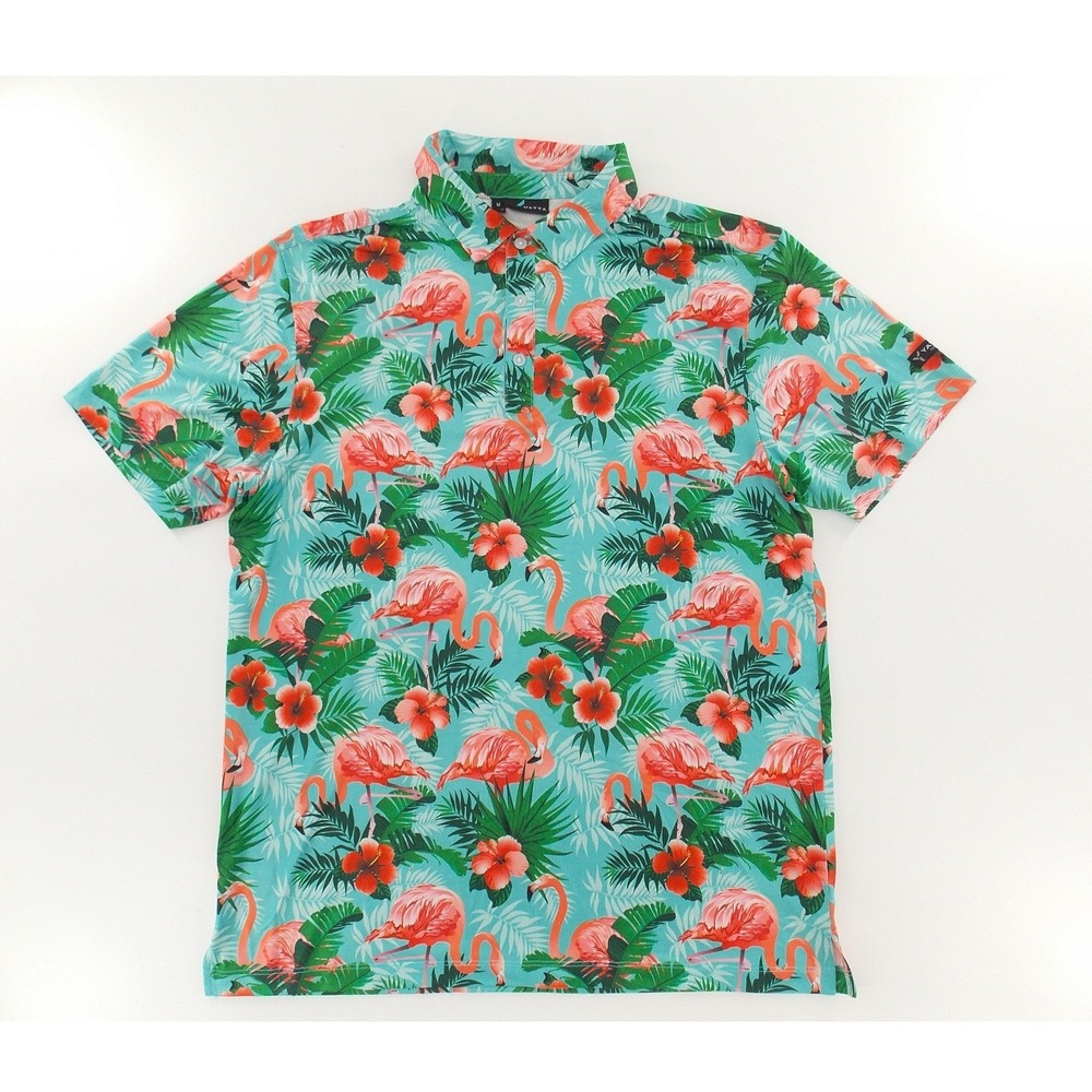 Yatta Golf Polo‎ Shirt Flamingo Tropical Floral Print Mens Size Medium Teal